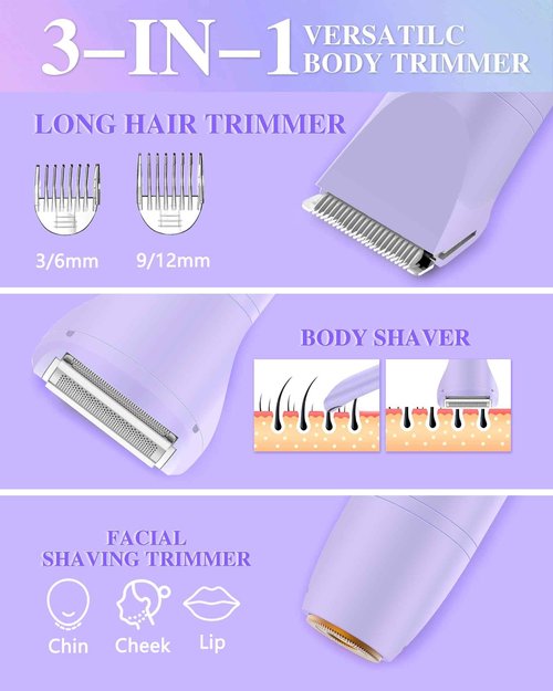 Bikini Trimmer for Women, Electric Razor for Pubic Hair 3-in-1, Bikini Shaver for Legs Body Hair, Womens Electric Razor IPX6 Waterproof, Gifts for Women,Purple