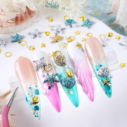 Summer Beach Sea Shell Nail Studs 3D Gold Silver Blue Starfish Nail Charms with Pearls Ocean Theme Resin Charms for Women Manicure Supplies Decorations DIY Craft Jewelry