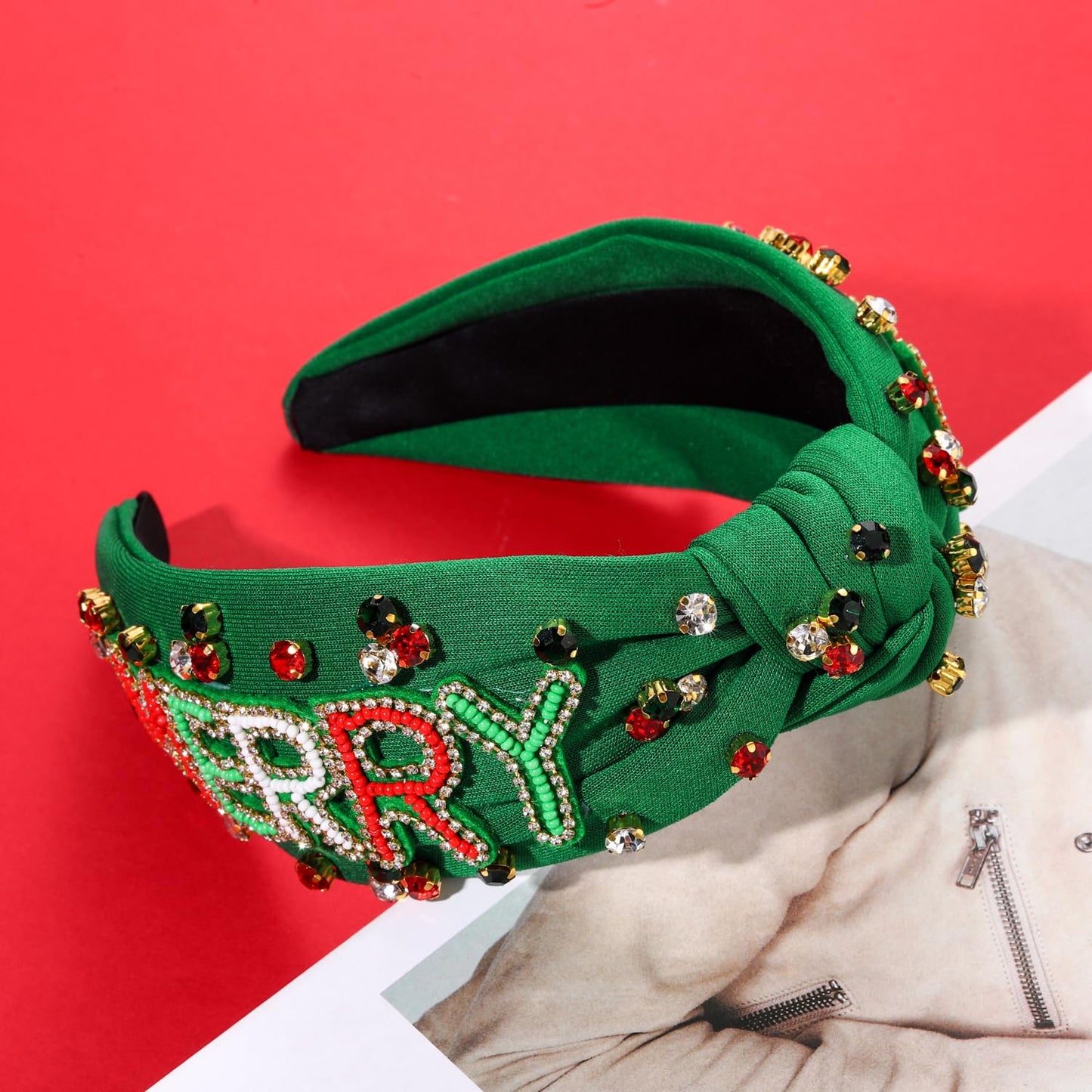 NVENF Christmas Headband for Women Jeweled Xmas Plaid Headband Embellished Crystal Pearl Knotted Headbands Wide Top Knot Holiday Headband Christmas Hair Accessories Holiday Outfits Gifts (MERRY)