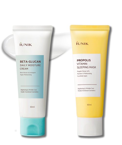 IUNIK Beta Glucan Daily Moisture Cream & Propolis Vitamin Glow Sleeping Mask Deep Nourishing Overnight Facial Moisturizer with Tea Treaa & Centella Asiatica Extracts Revitalizing Korean Skincare