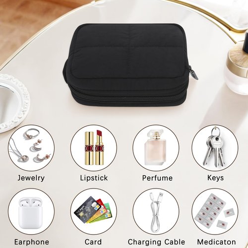 JINSI Small Makeup Bag for Purse, Quilted Travel Cosmetic Bag, Zipper Cosmetic Pouch Organizer Toiletry Bag, Make Up Bags for Women Girls, Black