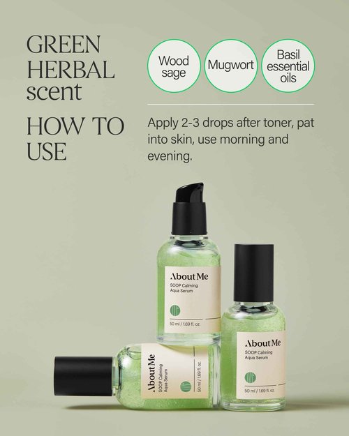 ABOUT ME SOOP Calming Aqua Serum – Korean 53.4% Jeju Cypress Water Bursting Capsules Serum for Sensitive Skin – Daily Barrier Repair with Centella & Tea Tree – Korean Skin Care – 1.69oz, 50ml