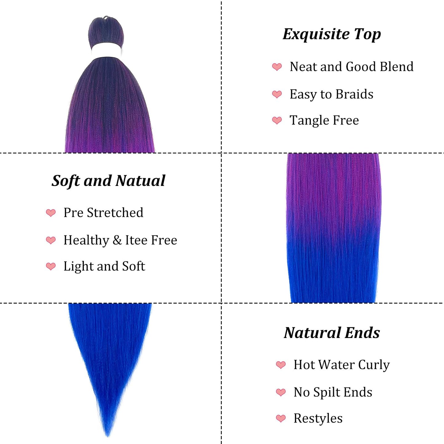 UPruyo Pre Stretched Braiding Hair 1b Pink Blue Ombre Braiding Hair Pre Stretched Synthetic Hair Extensions for Braiding Box Braids Yaki Knotless Hypoallergenic Prestretched Braiding Hair 26 inch