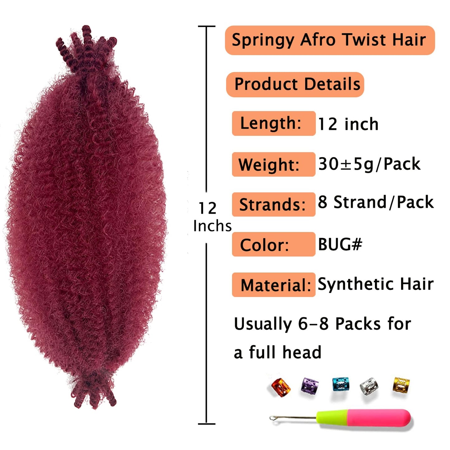 Marley Twist Braiding Hair, Pre-Separated Springy Afro Twist Hair Kinky Twist Crochet Hair Braids for Distressed Soft Locs Spring Twist Hair for Women (Bug#, 12 Inch(Pack of 8))