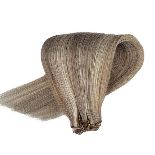 Sew in Hair Extensions Real Human Hair, Ombre Brown to Platinum Blonde Highlighted Weft Hair Extensions Human Hair 80G Double Weft Hand Tied Human Hair Extensions Sew in Bundles 16 Inch