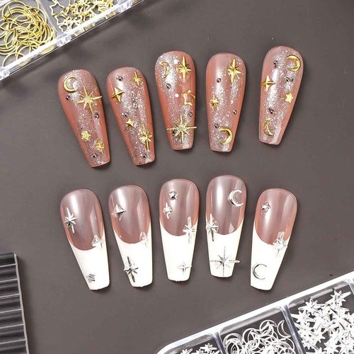 Star Moon Nail Charms for Nails Art 3D Gold Silver Starlight Cross Star Nail Rivet Studs Decoration Alloy Metallic Stars Accessories and Sugar Glitter Powder for Nails Manicure Craft DIY