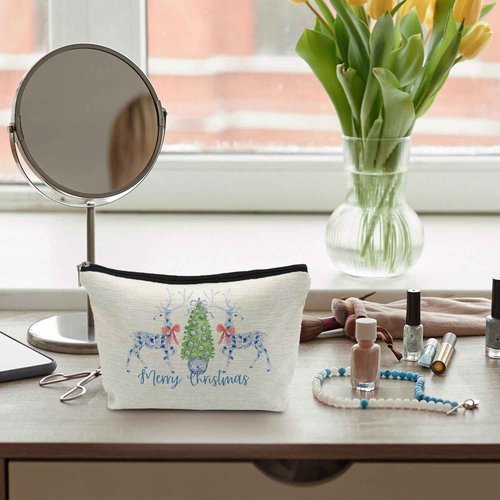 ignytiger Blue Chinoiserie Christmas Deer Reindeer Makeup Bag, Chinoiserie Decor Christmas Gifts Cosmetic Bags for Women, Grandmillennial Bow Xmas Holiday Makeup Bag Gifts Zipper Pouches for Purse