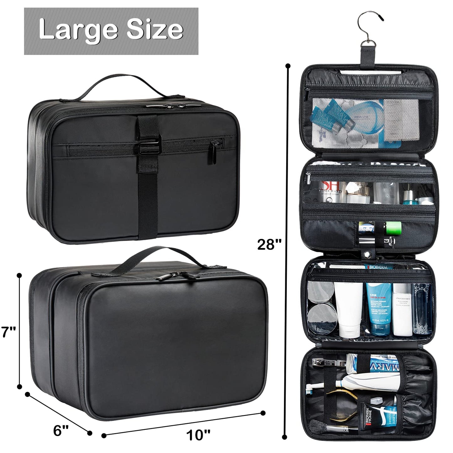 BAGSPRITE Hanging Toiletry Bag - Water-Resistant Travel Toiletry Bag - Large Travel Bag for Toiletries - Multiple Compartments and 1 Hook (Black)