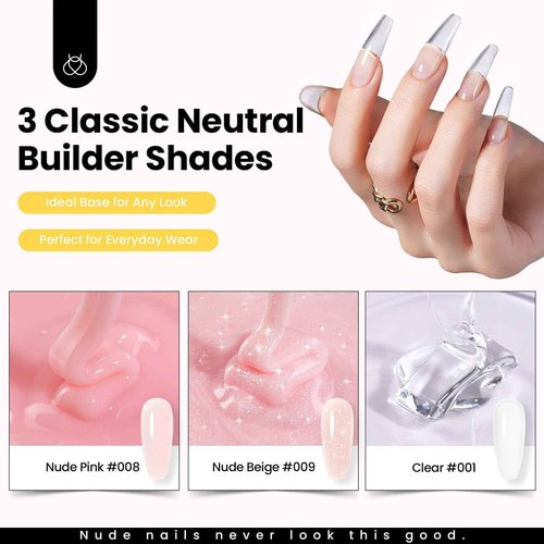 Beetles Hard Gel for Nails Kit,3 Colors 9 in 1 Clear Nude Glitter Sculpted Gel Nail Extension Sculpting High Hardness for Salon Professionals Women,Nude Pink & Clear Builder Nail Gel UV & LED Cured