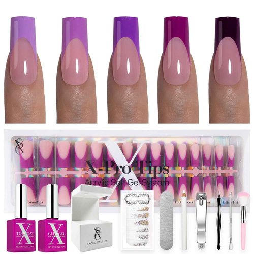 SXC Cosmetics French Tip Press On Nails – Purple Series, Medium Square, X-Pro Tips Starter Kit | 150PCS, 15 Sizes, 5 Styles, Beginner-Friendly