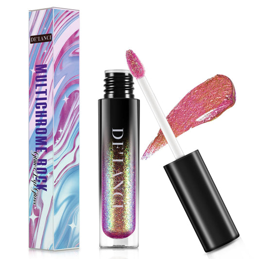 Chameleon Liquid Lipstick, Oil-based Diamond Shiny Glitter Lip Gloss, Sparkly Metallic Color Intense Highly Pigment Shimmery Finish, Long wears, Holographic Talc Free (#02 Pink Gold)