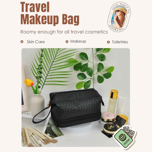 NGIL Faux Leather Cosmetic Bag for Women, Makeup Bag Organizer, Makeup Brush Storage, Portable Travel Bag for Toiletries (Woven, Black, Medium)