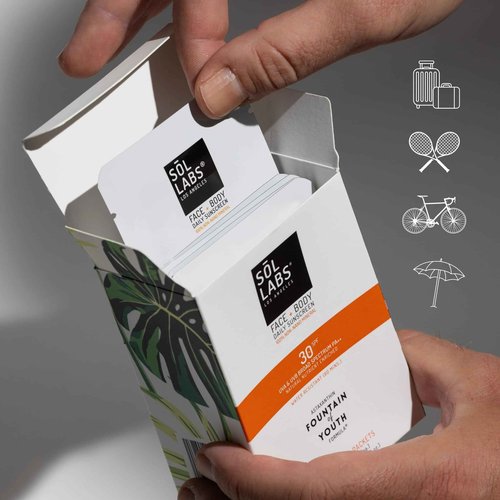 SOL LABS Daily Face and Body Sunscreen SPF 30 | On-The-Go All Natural Mineral, Water Resistant, Reef Safe, Korean Lightweight Formula, No White Cast, Ultra Hydrating, 12 Individual Use Packets