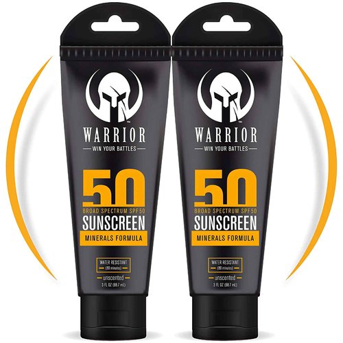 WARRIOR - WIN YOUR BATTLES- SPF 50 Sunscreen Lotion - 80 Minutes Water Resistant, Reef Safe, Unscented Lotion Non-Nao Zinc & Non-NanoTitanium Sunscreen with Mineral Formula - 3 Fl Oz - Pack of 2