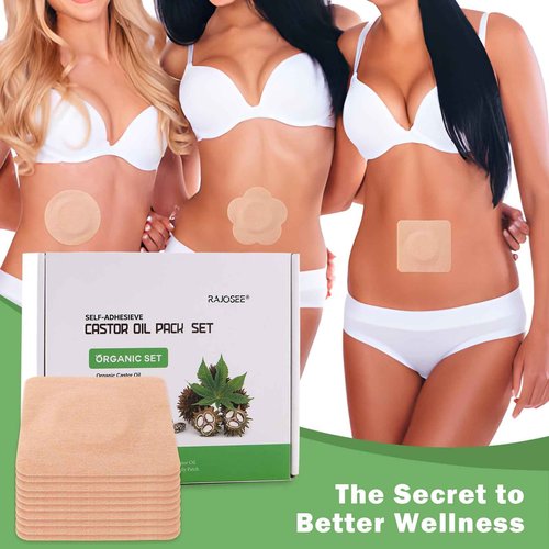 Castor Oil Belly Button Patch Set – 60pcs Castor Oil Patches in 3 Shapes with 4oz Organic Cold-Pressed Castor Oil Glass Bottle – Disposable, Leakproof, Skin-Friendly Castor Oil Pack Wrap