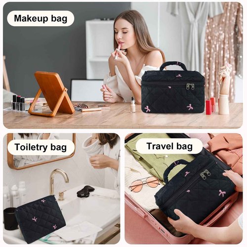 GISMTR 4Pcs Quilted Makeup Bag Set Cute Floral Cosmetic Bag Cotton Coquette Make up Bag Aesthetic Travel Toiletry Bag for Women Girls