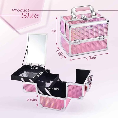 Joligrace Makeup Train Case Makeup Case Organizer Portable Cosmetic Box Storage with 2 Trays Mirror Locking Make Up Travel Case for Nail Kits Cosmetics Craft Traveling Makeup Box Mermaid Pink