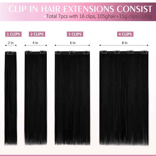 Fimislosion Real Hair Extensions Clip in Human Hair, Seamless Clip in Hair Extensions Real Human Hair, 14 Inch Clip ins extensions for women, Natural Black 120G 7Pcs