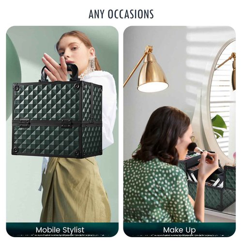 FRENESSA Makeup Case Makeup Box Cosmetic Train Cases Portable Make Up Artist Travel Case Storage Box 4 Trays with Dividers Lockable Hard Makeup Box Craft Nail Kits Case Drak Green