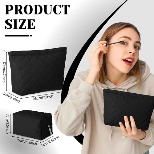 Huhumy 2 Pcs Pencil Case Quilted Makeup Bag Aesthetic Cosmetic Pouch for Women Puffer Travel Toiletry Bag Set Cotton Small Purse Pouch Makeup Organizer with Zipper(Black)