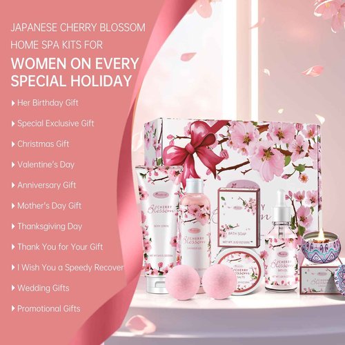 Beautifier Life Bath and Body Gift Set for Women - Luxurious Home Spa Gift Set,Japanese Cherry Blossom 7-Piece Set Including Shower Gel,Body Lotion,Bath Oil,Bath Salt,Soap,Bath Bombs and Candle