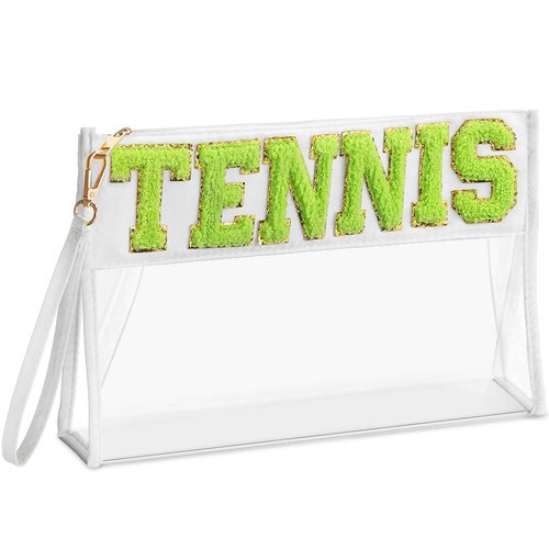 Remerry Clear Chenille Letter Makeup Bag Stand up Snack Bags Preppy Cosmetic Pouch Expandable Clear Travel with Wrist Strap Zipper Portable Multipurpose PVC Nylon for Women Travel(White,Tennis)