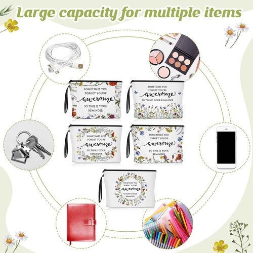 Reginary 5 Pcs Christmas Inspirational Makeup Bags for Women Bulk Motivational Flower Canvas Cosmetic Bag with Zipper Gifts Thank You Gift for Staff Employee Coworker Party Gifts, 9 x 6.7 in