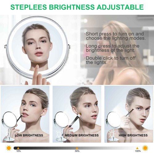 Aoglenic Makeup Mirror with Light, 8 inch Rechargeable 1X 10X Magnifying Mirror, Lighted Vanity Mirror with Magnification, Double Sided 360° Rotation, 3 Colors and Brightness Adjustable
