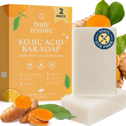 Body Restore Kojic Acid Soap,(Orange 2 Pack), with Vitamin C,E, Shea Butter, Collagen, Hyaluronic Acid, Turmeric, Retinol For Dark Spots, All Natural Soap Bar, Paraben Free