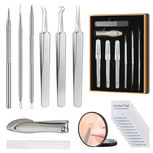 8PCS Blackhead Remover Comedone Extrator Kit, Pimple Extractor Acne Removal Tool Kit, Curved Blackhead Tweezers Kit, Comes with Alcohol Tablets and Magnifying Glasses for Blemish Removal (Gift Box)