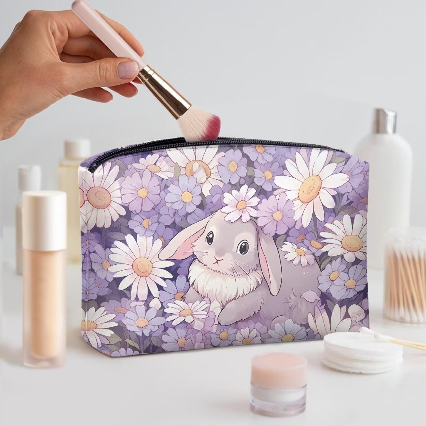 ELEDIZI Bunny Makeup Pouch Cute Makeup Bag Small Travel Cosmetic Bags for Women Teen Girls Waterproof Makeup Brush Holder Leather Clutch Wallet Purse Zipper Lipstick Case Easter Gifts for Her