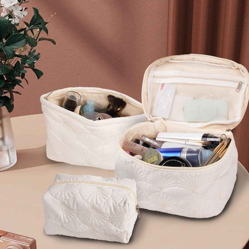 Sarrany White Quilted Makeup Bag, Cute Make Up Bag Organizer whith Shell Pattern, Cotton Cosmetic Bag for Women & Girls, Canvas Lined Pouch, Coquette Organizer purse(White Shell set of 3)