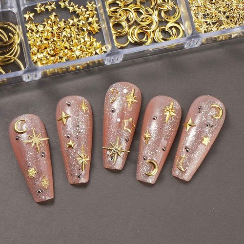 450pcs Sun Moon Stars Gold Nail Charms, 12 Grids/Box Metal Rivets Nail Art Charms 3D Star Charms for Nails Design Alloy Nail Studs Nail Jewelry Starlight Nail Charm Nail Jewels for Nail Art Supplies