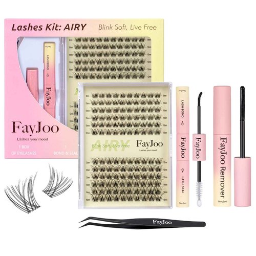 Natural Wispy Soft Lash Clusters Kit with 0.05mm Invisible Band, C Curl 8-16mm, DIY Salon Eyelash Extensions with Bond Seal Remover Tweezer, FayJoo AIRY 11 Kit