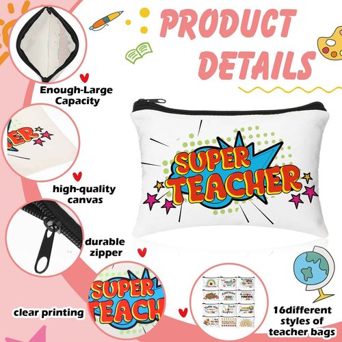 Sadnyy 36 Pieces Teacher Appreciation Gifts Set 12 Makeup Bag 12 Silicone Keychain 12 Blessing Card Bracelet Teacher's Day Gift Teacher Makeup Pouch Pencil Bag Inspirational Quote Key Chain, 12 Styles