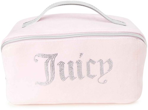 Juicy Couture Pink Makeup Bag Cosmetics Organizer Travel Essentials Cross Zip Velour Rhinestone Silver Handle