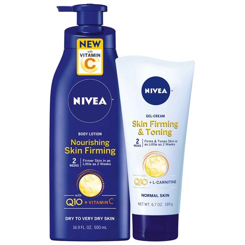 Nivea Nourishing Hydration Skin Firming Body Lotion (16.9 Fl Oz) + Skin Firming & Toning Body Gel Cream with Hyaluronic Acid (6.7 Oz), Enriched with Q10 and Vitamin C