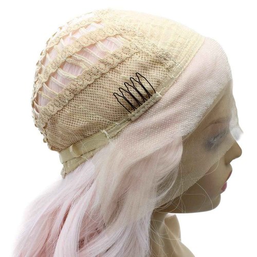 iwonawig Long Wavy Lace Wigs White Pink Half Hand Tied Synthetic Lace Front Halloween Heat Resistant Wig