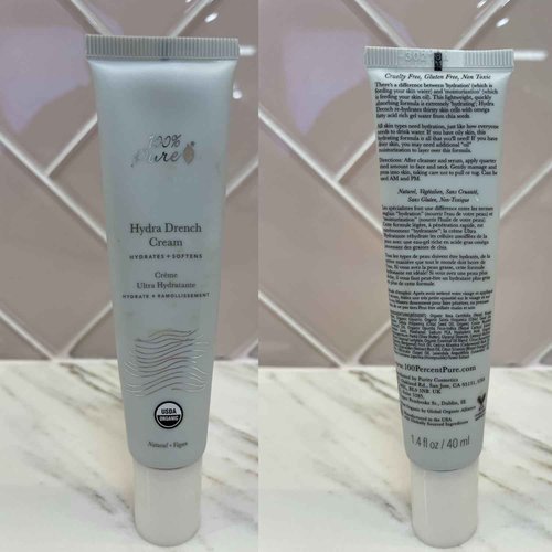 100% PURE Hydra Drench Cream, Daily Face Moisturizer with Hyaluronic Acid, Rose Water, Skin Care for All Skin Types, Natural Face Cream - 1.4 Fl Oz