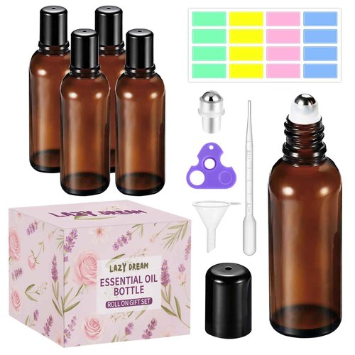 10ML Roller Bottles for Essential Oil, 4 Pack Empty Amber Glass Roller Bottle for Perfume Oil, Roll on Bottles with Stainless Steel Roller Balls, Opener, Funnel and Dropper for Aromatherapy, Massage