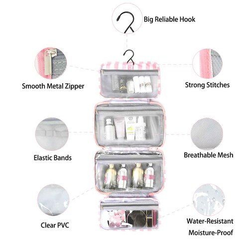 Apxouans Toiletry Bag for Women Travel Water-resistant Cosmetic Bag Fashion Stripes Makeup Bag with Hanging Hook Preppy for Store Toiletries Cosmetic Accessories Large Capacity Pink