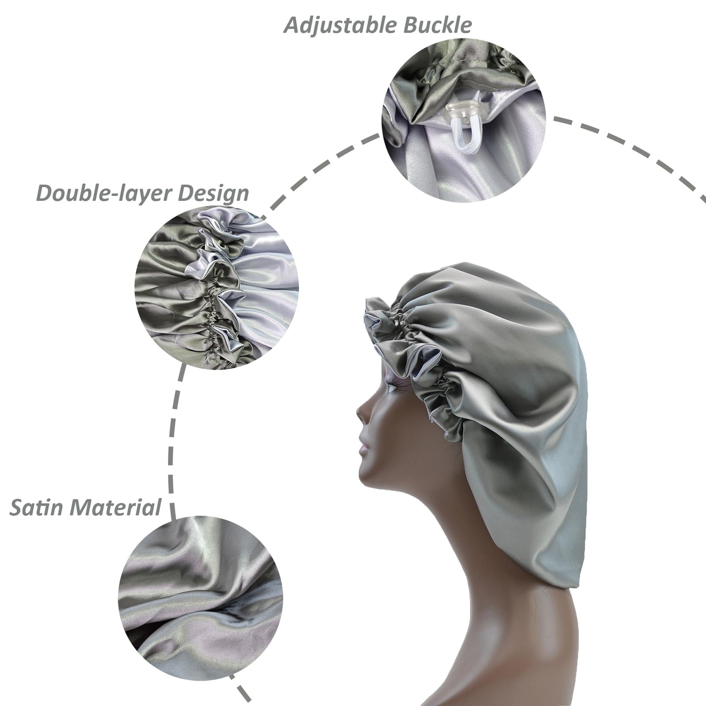 Beutyme Silk Bonnet for Sleeping Satin Bonnets Double Layer Reversible Hair Cap Bonnet for Women Long Curly Braid Hair (Charcoal)