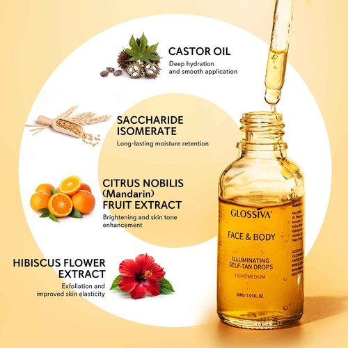 Glossiva Self Tanning Drops - Sunless Tan for a Sun-Kissed Bronze - Beauty Skin Self Tanner - Gradual Glow for Face and Body - Long-Lasting for a Week, 1.01 Fl Oz
