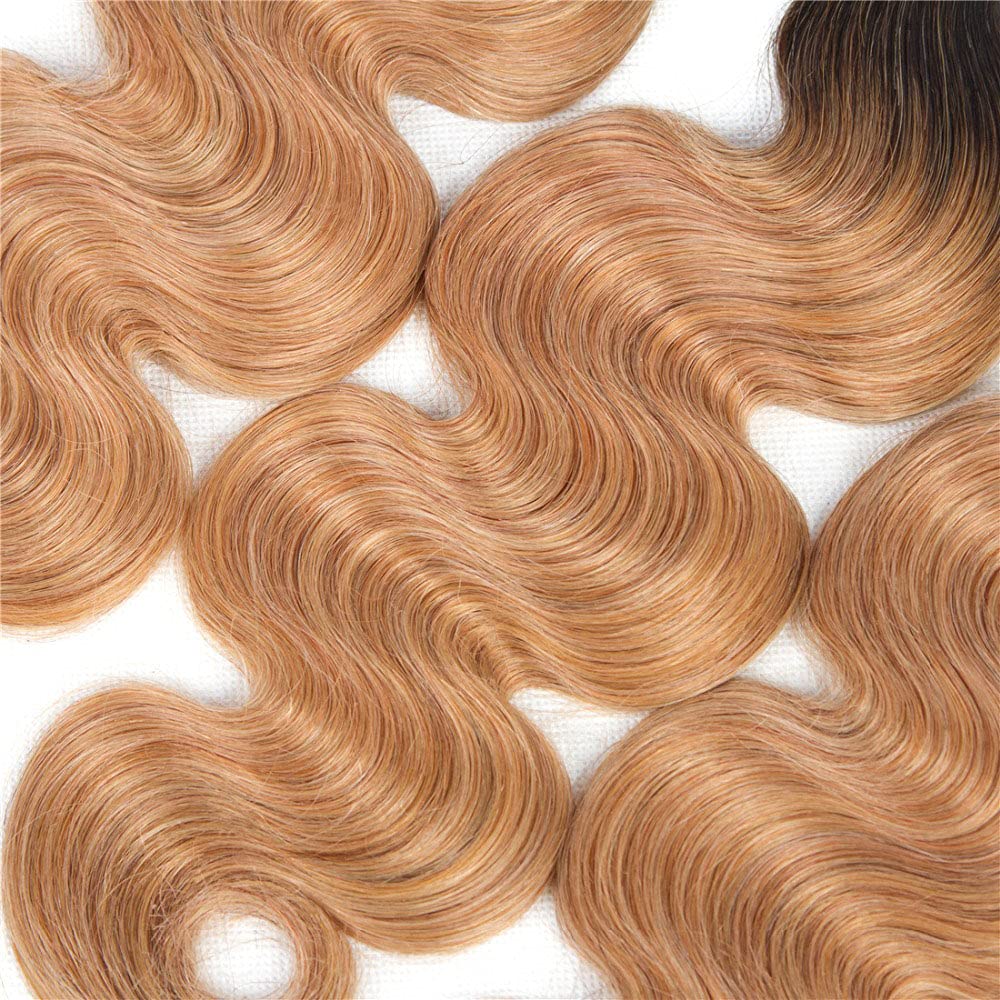 Ombre Bundles 1b/27 Body Wave Human Hair Bundles Two Tone Black And Blonde Human Hair 1 Bundle 14 Inch Brazilian Virgin Soft And Shiny Remy Hair Extensions For Black Women 100g/Pc