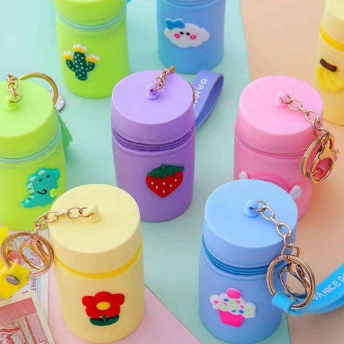 CECKQUE Cute Mini Silicone Coin Pouch Keychain, Coin Purse, Portable Lip Gloss Pouch Bag, Lipstick Case, Chapstick Carrier Bag (Pink/Purple)