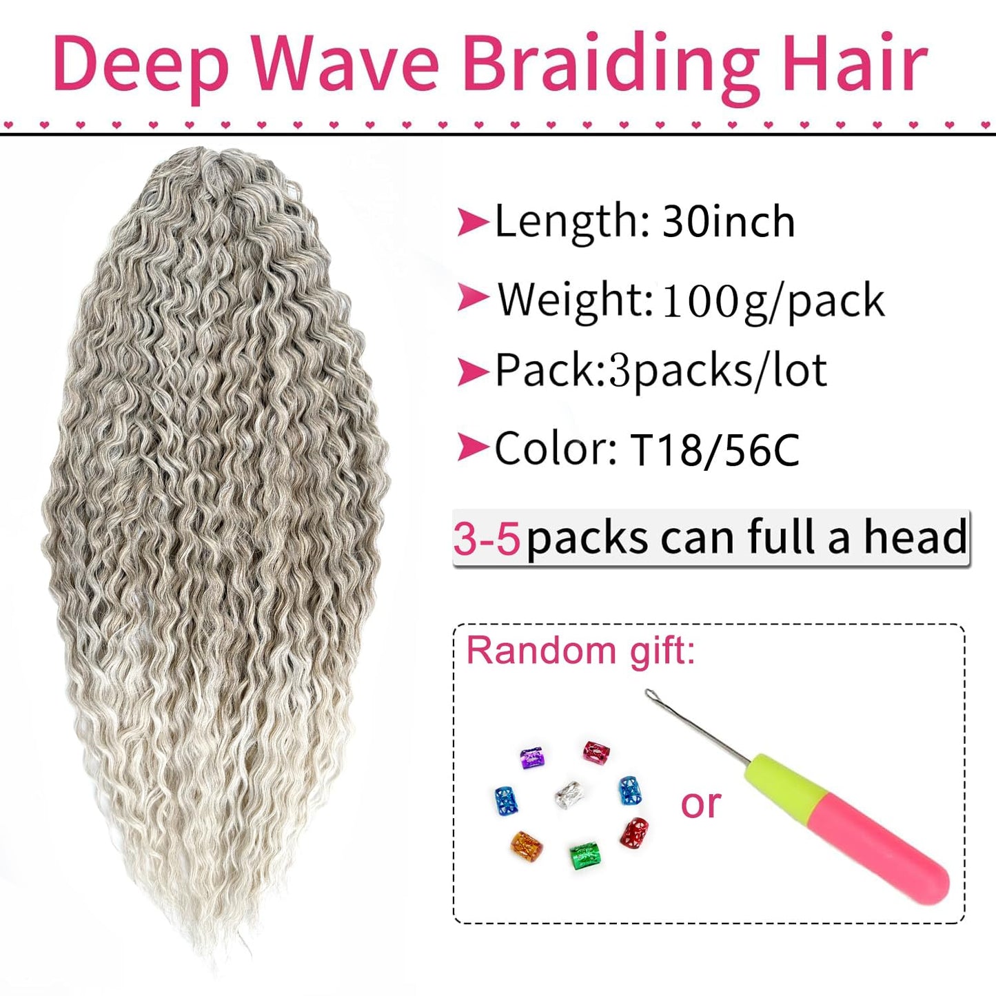 Ocean Wave Water Wave Crochet Hair Loose Wave Braiding Hair 3Packs Deep Wave Braiding Hair Deep Curly Twist Crochet Hair For Women Synthetic Wavy Braiding Hair Extensions (T18/56C, 30 Inches)