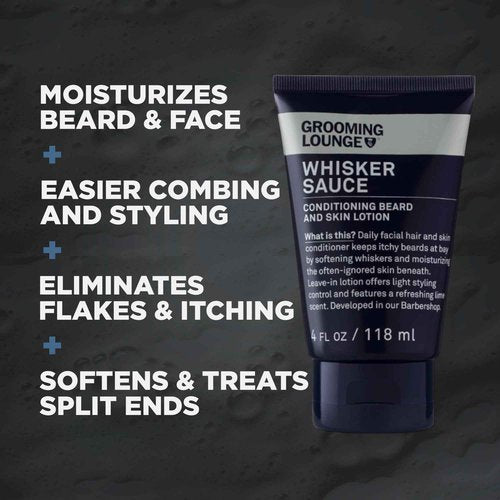 Grooming Lounge Whisker Sauce Beard Conditioner - Conditioning Beard and Skin Lotion - Eliminates Itching and Flaking - Enables Easy Combing and Styling - No Parabens - Cruelty Free - 4 oz