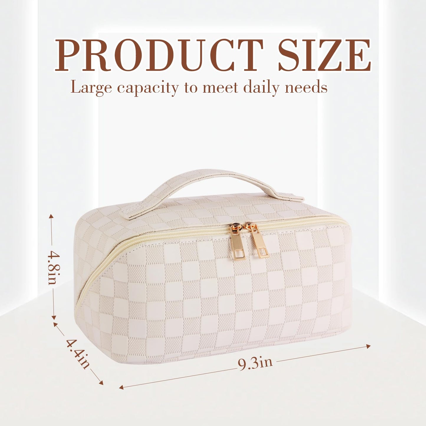 YHBAO Large Capacity Travel Cosmetic Bag Leather Makeup Bag Waterproof Portable Cosmetic Bag Toiletry Bag for Skincare Cosmetics Toiletries With Handle and Divider (Checkered, White)