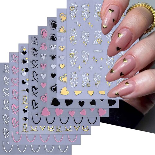 LBPEPAMZ 8Sheet Valentine's Day Nail Art Stickers gold white pink black heart Nail Stickers with Bling Gold Star Designs for Nails Art Manicure Decor Romantic Love Heart Nail Supplies Nail Accessories