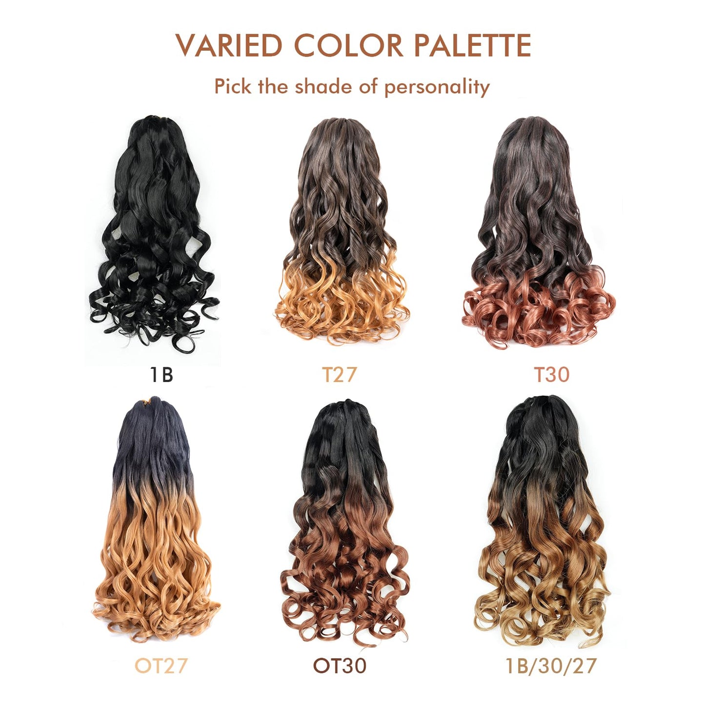 DIFUNEE French Curly Braiding Hair - 20 Inch 8 Packs Ombre Brown 3 Tones Pre-Stretched French Curl Braiding Hair, Loose Wavy Bouncy Synthetic Crochet Hair Extensions (20 Inch, OT30/27-8P)